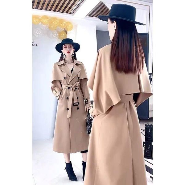 

women's trench coats spring autumn fashion long women coat double breasted khaki cloak windbreaker british style high-grade, Tan;black