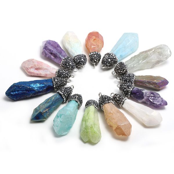 

color plating healing crystal pillar charm quartz blue yellow purple white semi-precious stone pendant diy jewelry making, Bronze;silver