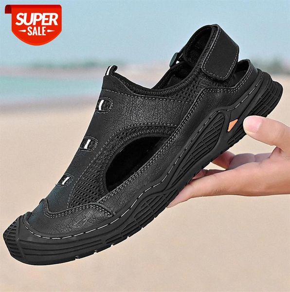 

casual beach shoes men's large size cowhide mesh baotou flat hole sandals #am2r, Black