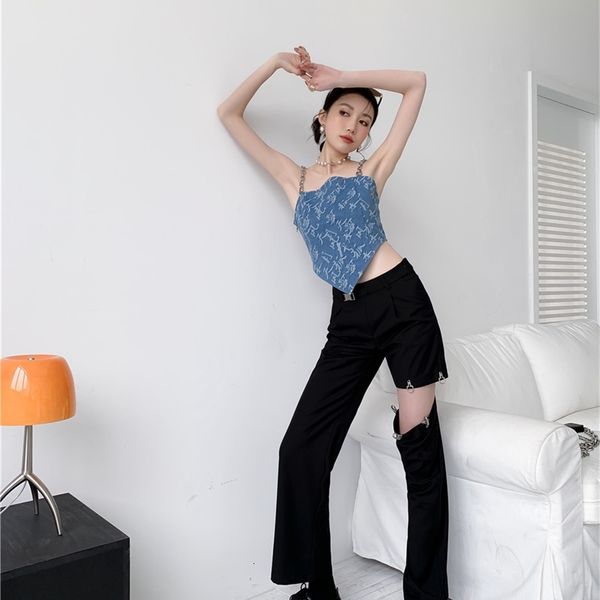 

women's tanks & camis metal chain spaghetti strap crop asymmetrical jacquard denim summer fashion blue tube cami clothing pbx6, White