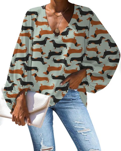 

women's blouses & shirts mozoeyu lovely dachshund print shirt casual loose v-neck blouse lartern sleeve women clothing, White