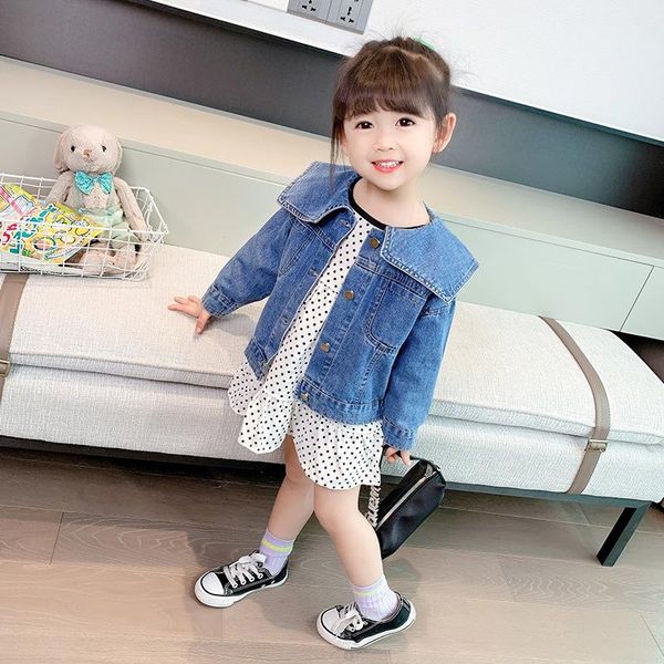 

jackets lapel jean girls baby's kids coat jacket outwear 2021 spring autumn overcoat outdoor sport cardiganÂ toddler children's clo, Blue;gray