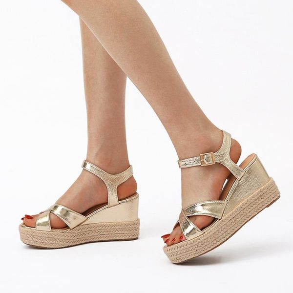 

dijigirls women wedges flat sandals fashion gold plaited high heels roman shoes ladies casual band platform woman, Black