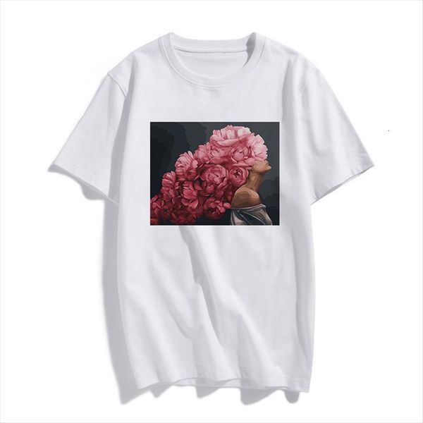 

fashion pink flowers harajuku women t shirts aesthetics art graphic print short sleeve tee, White