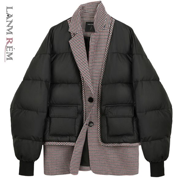 

lanmrem winter turn-down collar plaid patchwork single-breasted all-match stree wear black cotton padded jacket 2a2947 210910