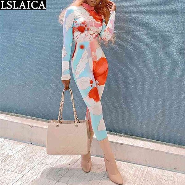 

women jumpsuit autumn print stand collar long sleeve bodysuit streetwear pants playsuit skinny club rompers mono mujer 210515, Black;white