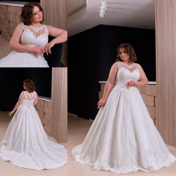 Plus Size A-Linie Brautkleider Spitze Applikation Brautkleider ärmellos Rüschen Sweep Zug nach Maß Strand Abiti Da Sposa