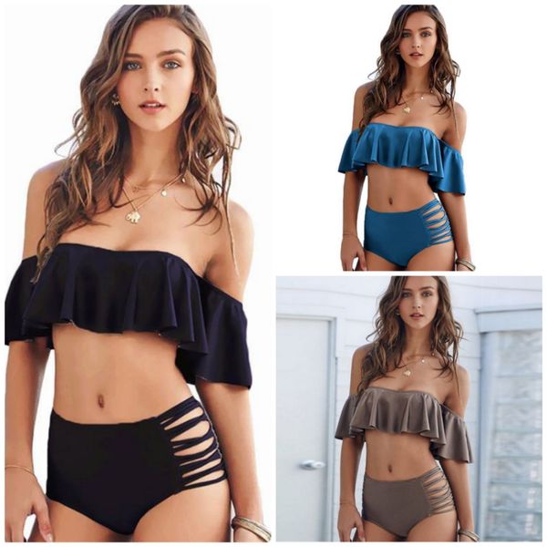 

2021 new solid color ruffle high waist split bikini swimsuit, White;black