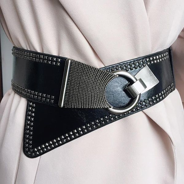 

belts punk style rivets beading round buckle women belt female pu leather super wide 9cm ceinture femme leisure cummerbunds, Black;brown