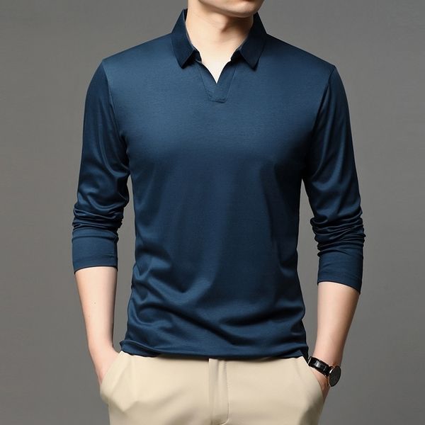 

mercerized cotton polo shirt men long sleeve comfortable brand poloshirt casual wear autumn solid color polo hombre loose black 210401, White;black