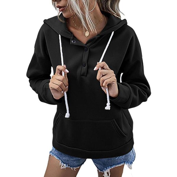 

women's hoodies & sweatshirts women sweatshirt casual long-sleeved fashion solid color button pocket decoration round neck loose hoode, Black