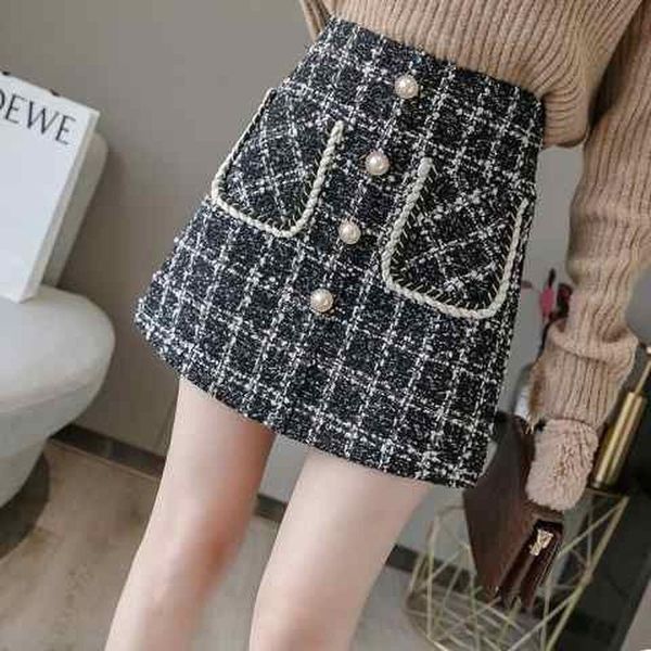 

tweed women's skirts autumn and winter high-waist women plaid a-line pearl ladies short, Black