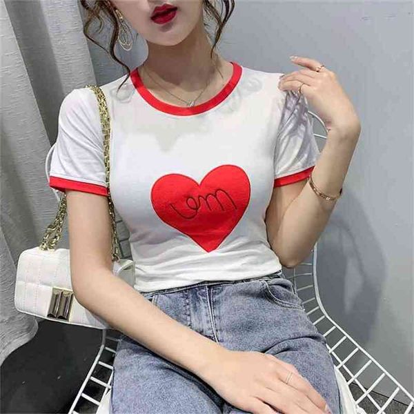 

o neck short sleeve shirt women summer casual slim heart-shaped embroidery basic woman t shirts ladies 210507, White