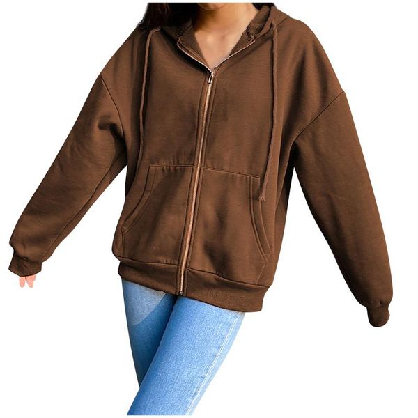 

women's jackets solid 100% cotton fashion casual wear street long sleeve hooded zipper pockets woman sweatshirt, Black;brown