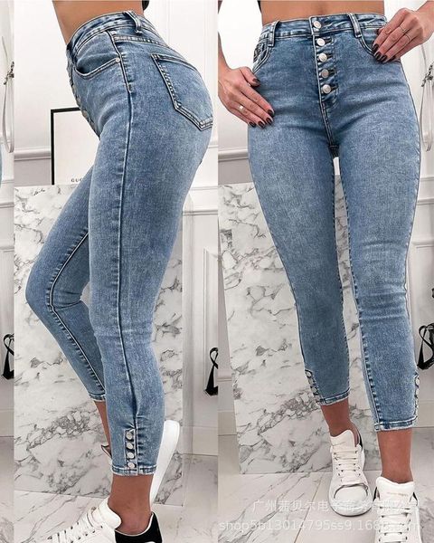 

women's jeans women pants fashion summer casual sheath button ankle-length zipper femle mujer de moda denim trousers, Blue