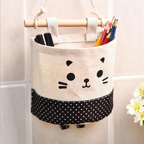 

storage bags 1pcs cute cat face wardrobe hanging bag behind door sundries cotton linen small object wall basket organizer