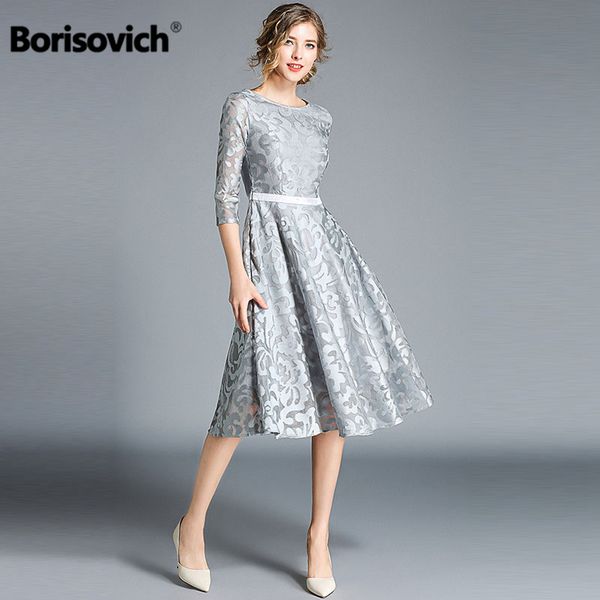 

borisovich women casual dress new brand autumn fashion hollow out lace big swing elegant ladies evening party dresses m843 210412, Black;gray