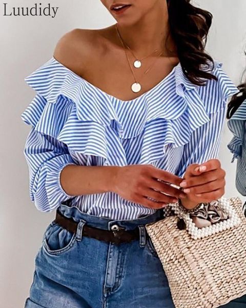 

women long sleeve striped v neck ruffles blouse women's blouses & shirts, White