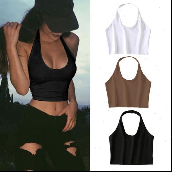

womens tanks women halter neck sleeveless crop low cut o solid color cami tank vest backless bodycon basic, White
