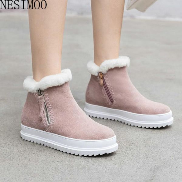 

boots nesimoo 2021 cow suede zipper round toe ankle keep warm flat heel women winter shoes size 34-43, Black