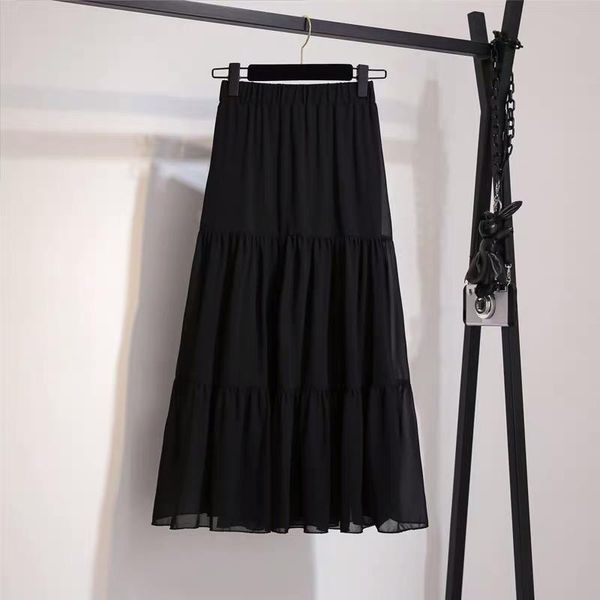 

skirts summer chiffon midi skirt ladies high waist pleated female fashion korean a-line solid color school for women, Black