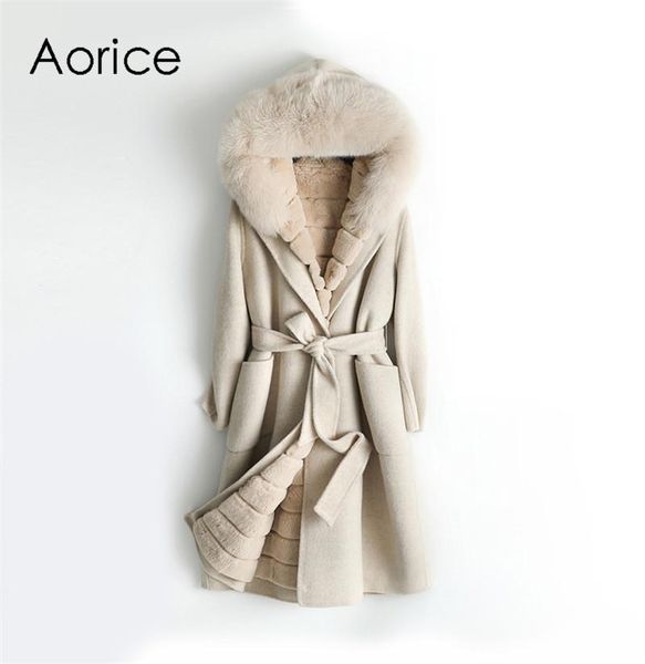 

women's fur & faux women real wool coat jacket rex liner collar winter female long hooded trench parka outwear zy18558, Black
