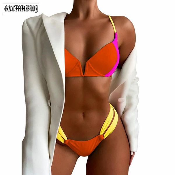 

women's swimwear gxcmhbwj solid color stitching v-neck low-waist women summer beachwear female bikini set bathing suit brazil beach swi, White;black