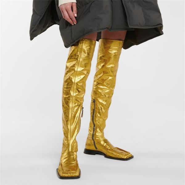

boots flat with over the knee stretch high golden square toe women's shoes, Black
