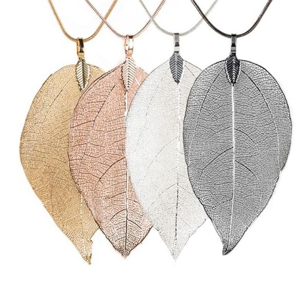 

pendant necklaces women fashion unique necklace jewelry charm black gold silver leaves real nature leaf long sweater statement