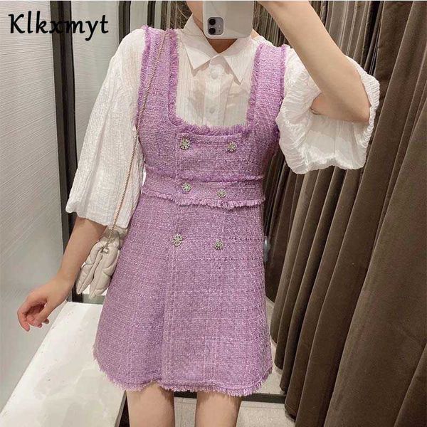 

klkxmyt za dress women chic fashion tweed mini vintage backless button-up slim female party es vestidos 210527, Black;gray