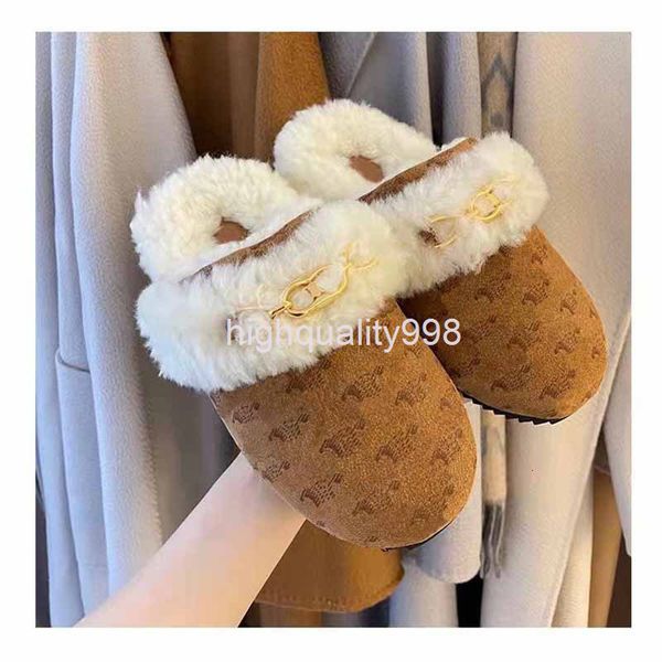 

slippers axigo's same arc de triomphe baotou woolen slippers women's winter fur integrated printing shoes, Black