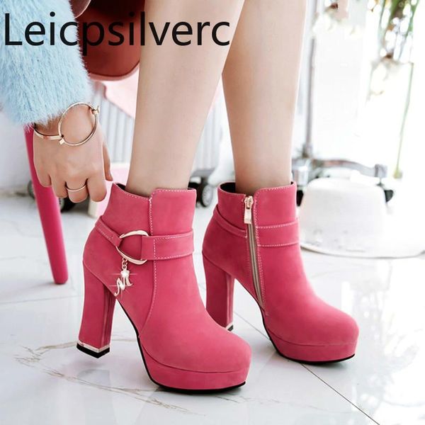 

boots women's winter the flock round head zipper crystal metal decoration high heel short tube shoes plus size 34-43, Black