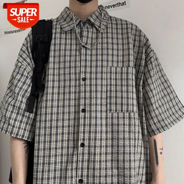 

2020 summer men's fashion lattice printing short-sleeved hawaiian shirt camisa masculina french cuff cotton clothes shirts #ef2n, White;black