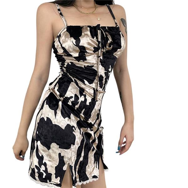 

women's bodycon mini dress, vintage print spaghetti strap sleeveless tie knot split hem cami dress casual dresses, Black;gray