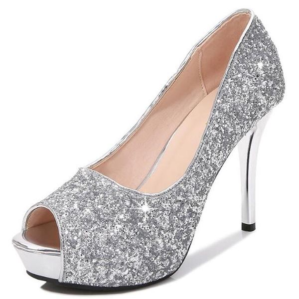 

dress shoes pumps women sequined cloth slip on 12cm 14cm thin high heel peep toe waterproof rhinestone bling party wedding, Black