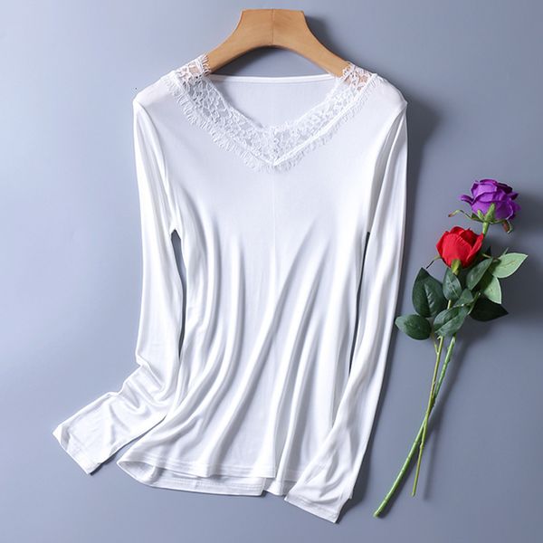 

t shirt women's silk 50% viscose knit lace neck t-shirt long sleeve undershirt thermal xs314, White