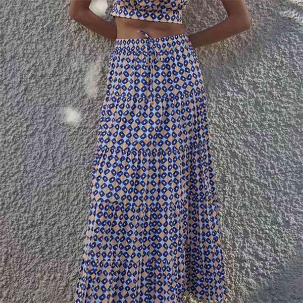 

women summer za loose skirts elastic waist geometry print drawstring bow tie female elegant street long skirt clothing 210513, Black;gray