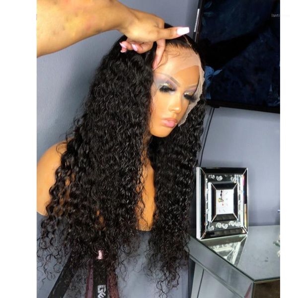 

brazilian water curly super thick 13x4 lace front human hair wigs 26 28 30inch deep wave long frontal wig for black women1, Black;brown