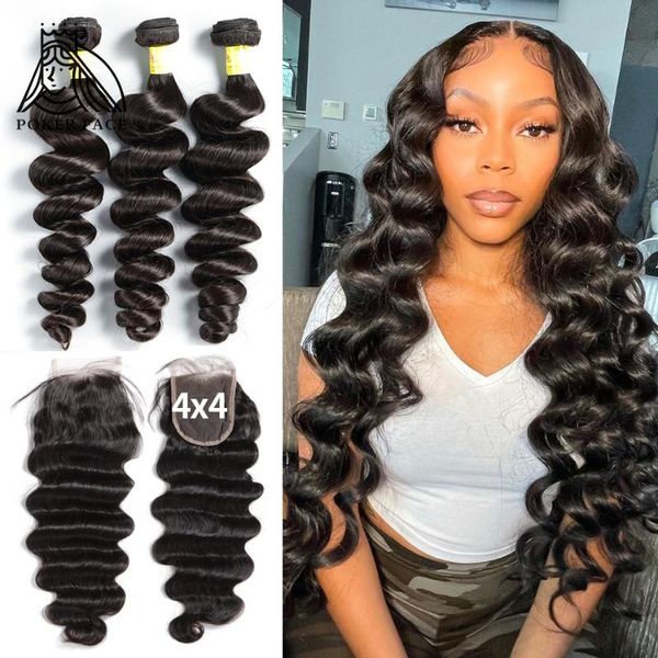 

human hair bulks brazilian 36 38 40 inches loose wave extensions with closure 4x4 front lace, Black