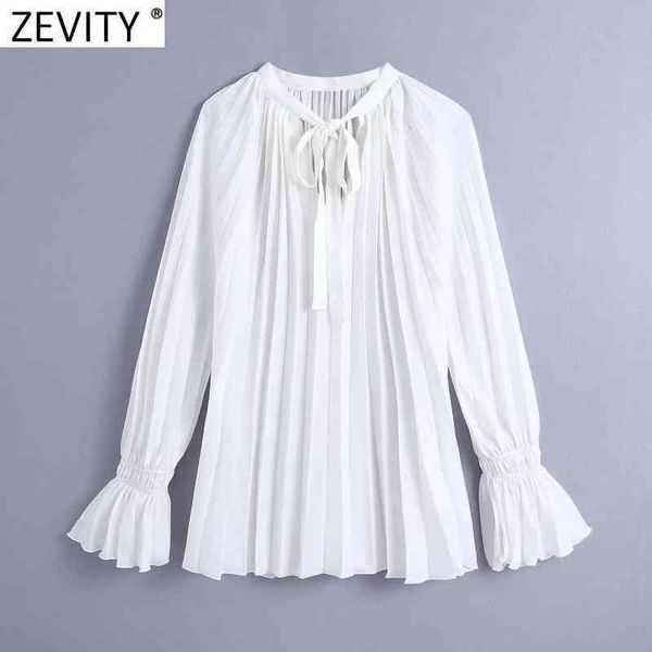 

zevity women fashion v neck lace up casual pleated smock blouse office ladies flare sleeve shirts chic white chemise ls7352 210419