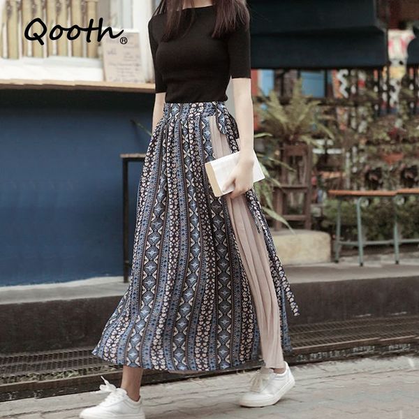 

qooth printed floral chiffon skirt women's spring summer stitching pleated skirt half-length all-match lace-up style skirt qt568 210518, Black