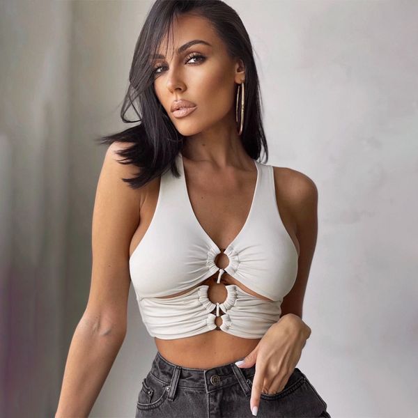 

women clothing 2021 summer women camisole hollow out crop women's breathable tank, White