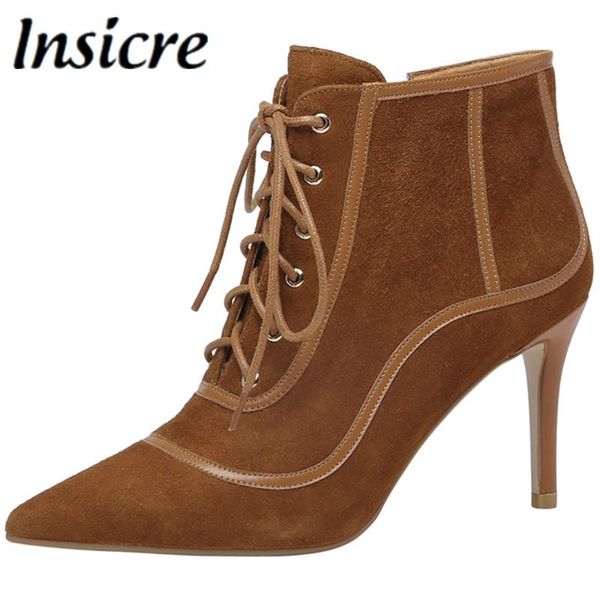 

boots insicre 2021 winter ankle women fashion slim thin high heel pointed toe kid suede lace up zipper party dress shoes, Black