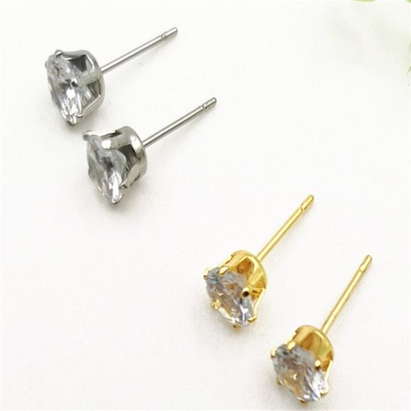 

stainless zircon stud titanium steel six claw gold earrings, Golden;silver