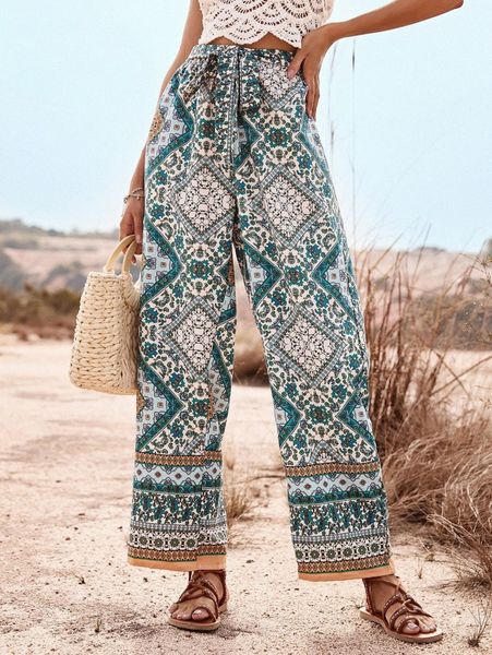 

scarf print belted wide leg pants u1ax#, Black;white