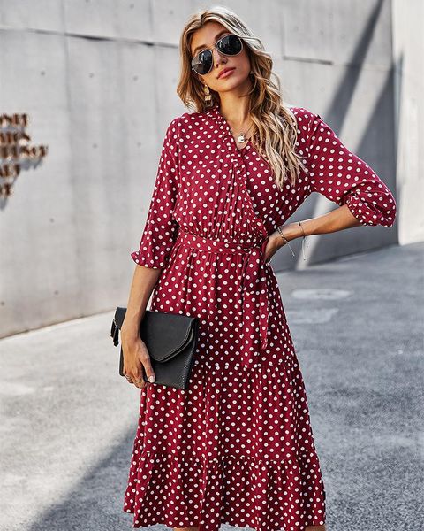 

casual dresses spring summer dress nice dot print bandage women ruffle v neck high waist elegant long for woman clothing, Black;gray