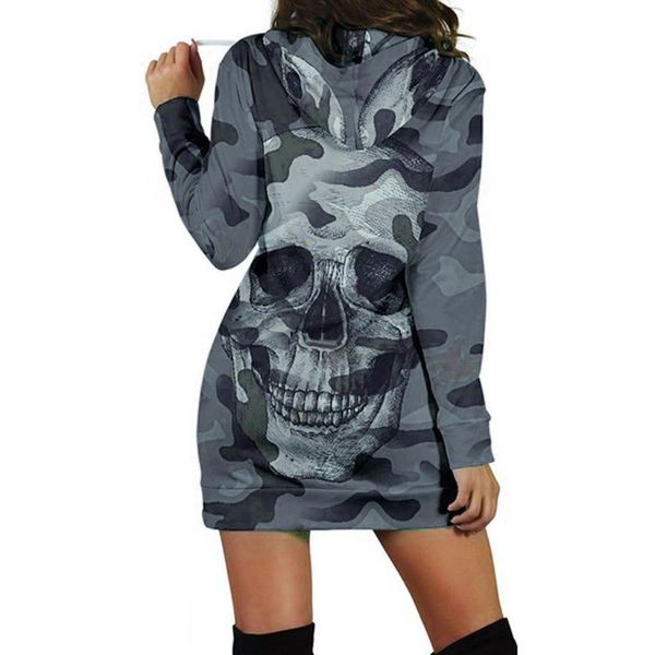 

casual dresses women punk long sleeve sweatshirts winter hooded camouflag skull print mini hoodies dress warm pocket 8dpg, Black;gray