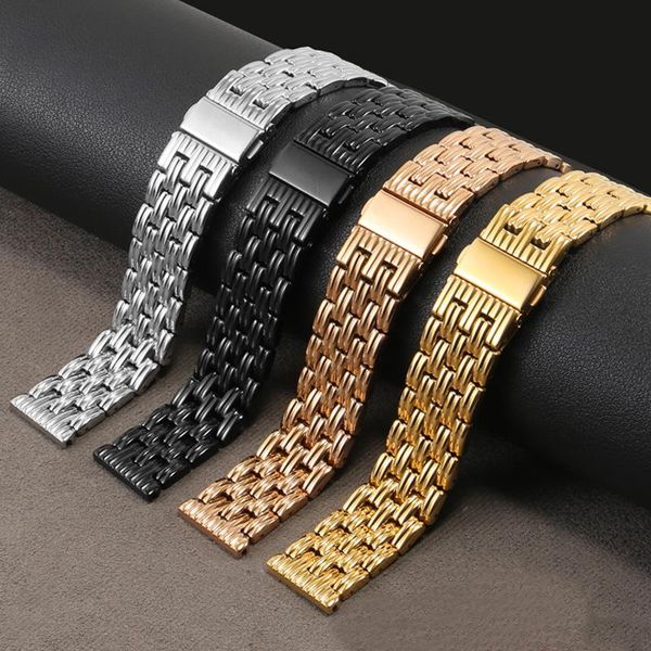 

watch bands replacement metal strap solid stainless steel watchband 20 22mm silver golden bracelet butterfly buckle for male and female, Black;brown