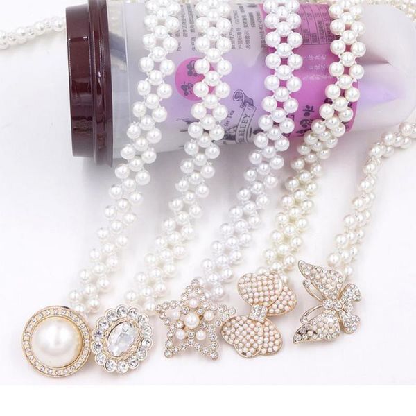 

belts elegant women pearl belt bohemian waist elastic buckle chain female girls dress decoration crystal strap, Black;brown