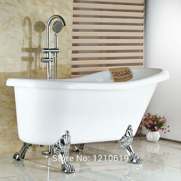 

ly floor type bthroom tub faucet mixer tap w/ hand shower chrome finished bathtub dual handles bathroom sets